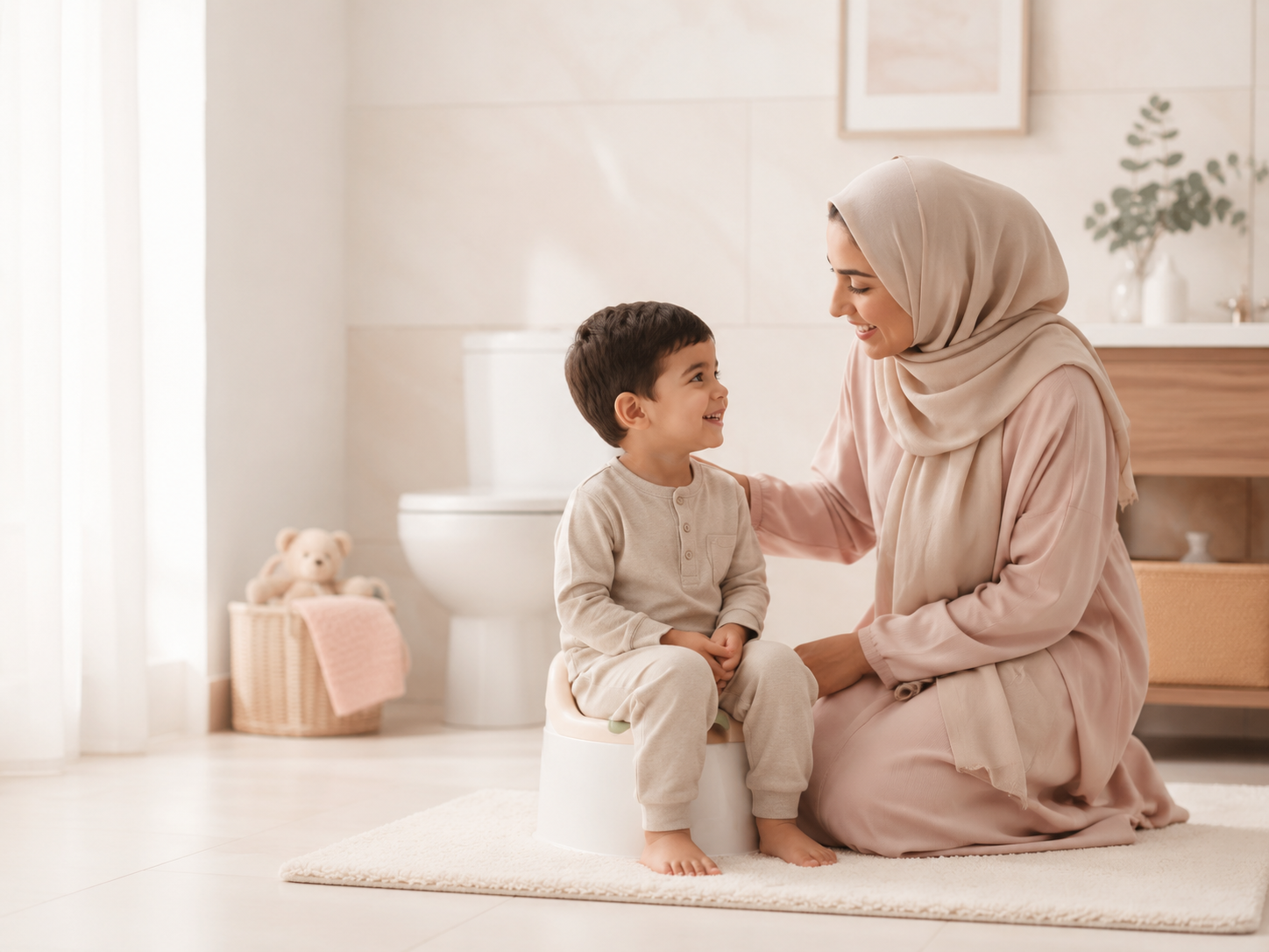 أم محجبة تساعد طفلها بهدوء أثناء التدريب على استخدام الحمام